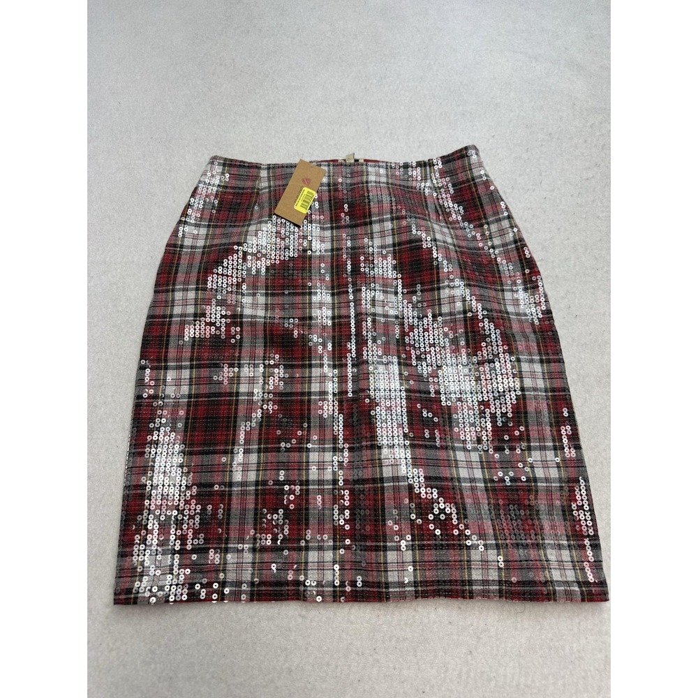 Cremieux Fallon Sequin Plaid Pencil Skirt Women's 6 Red Lined Holiday Party